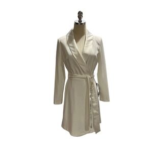 ADRIANNA‎ PAPELL Ivory Crepe Satin Stretch Long Sleeve Faux-Wrap Dress US Sz 6
